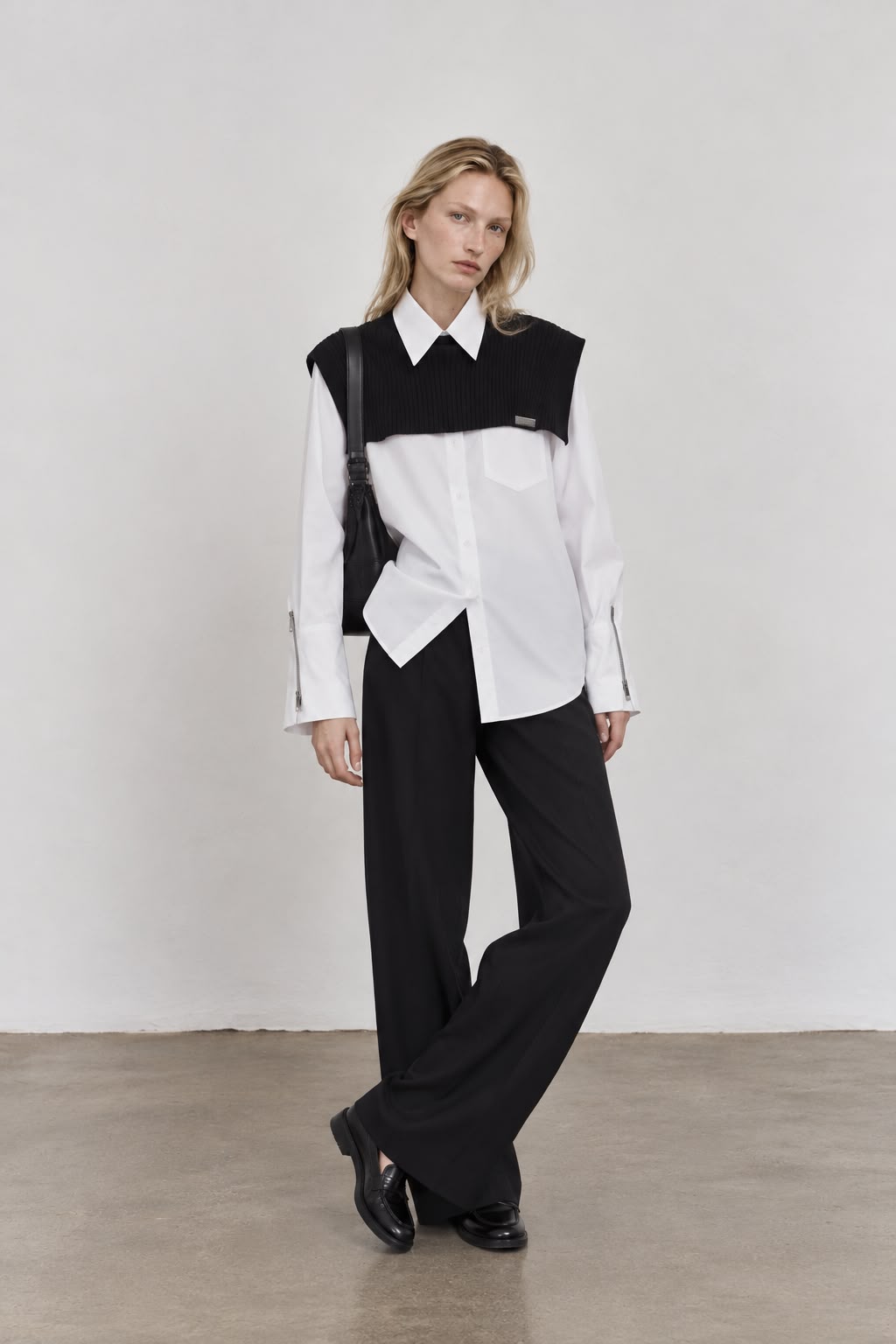 White Shirt with Knit Scarf