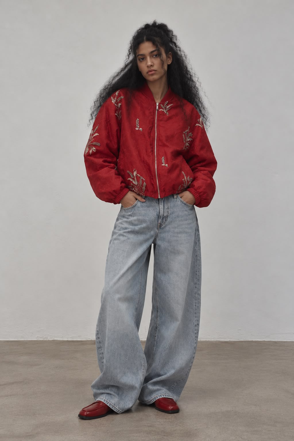 Red Embellished Bomber Jacket