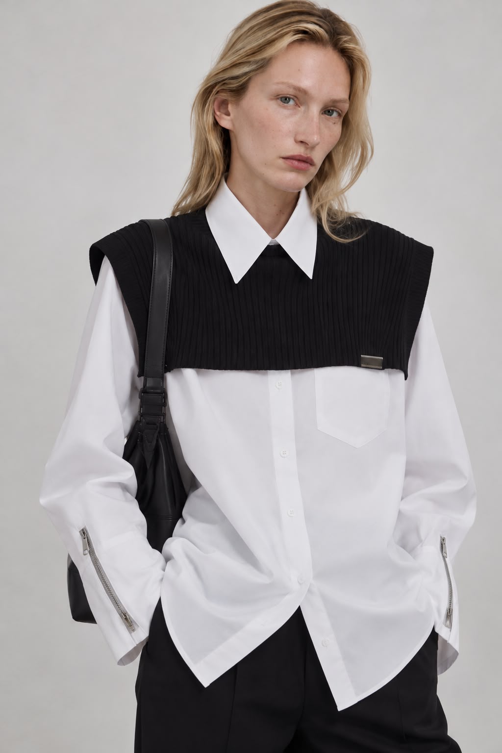 White Shirt with Knit Scarf
